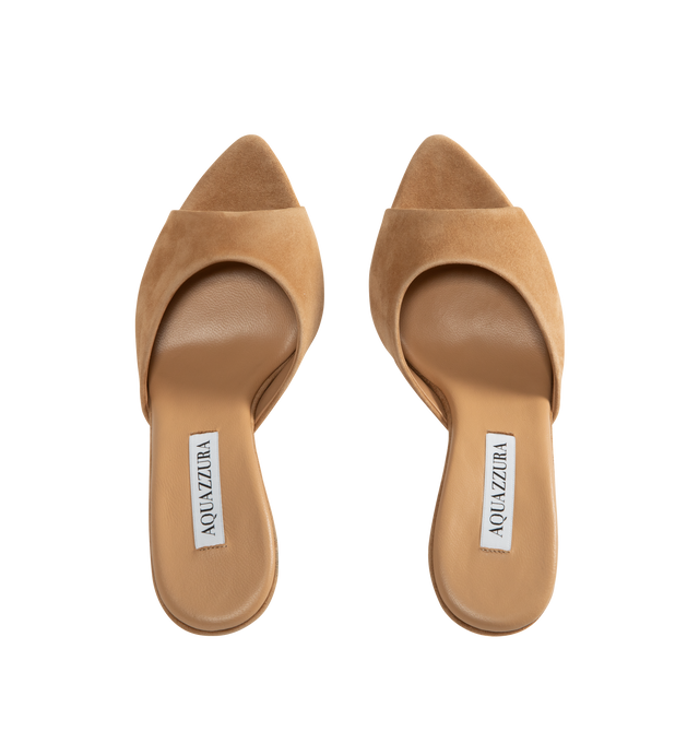 Image 4 of 4 - NEUTRAL - Aquazzura Bisous mules are crafted from suede featuring a peep-toe silhouette, sculptural 95mm / 3.8 inch high wedge heel, leather lining, leather insole and sole. Made in Italy.