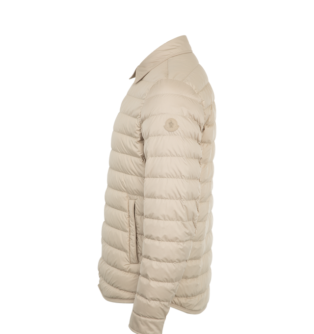 Image 4 of 4 - NEUTRAL - MONCLER Bourdon Down Shirt Jacket featuring AirSoft lining, down-filled, zipper and snap button closure, pockets with snap button closure, zipped inner pocket, adjustable cuffs and leather logo patch. 100% polyester. Padding: 90% down, 10% feather.