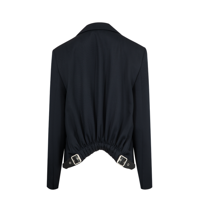 Image 2 of 2 - NAVY - Loewe Women's Jacket in lightweight fluid wool tailoring featuring a single-breasted construction and a gathered back with a leather belt detail. Regular fit, regular length, notch lapel, button front fastening, split cuffs, chest welt pocket, flap pockets, fully lined. Wool. Made in Italy.