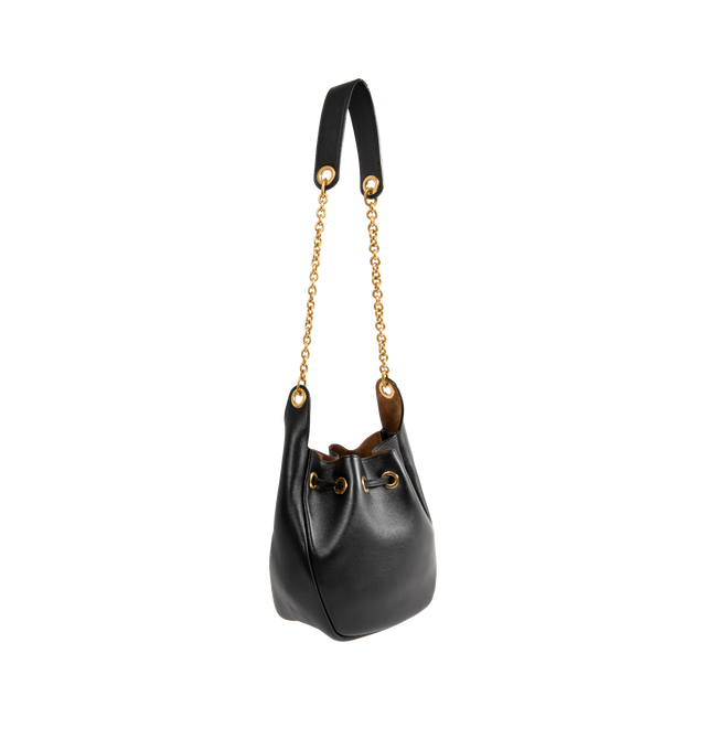 Image 2 of 3 - BLACK - SAINT LAURENT Bucket Bag featuring soft and ruched bucket bag in calfskin leather, signature YSL logo lettering, chain and leather shoulder strap and drawstring closure. 7.1"H x 6.3"W x 3.9"D. Made in Italy.