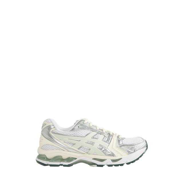 Image 1 of 5 - WHITE - Asics GEL-Kayano 14 Sneakers are lace-up style with rip-stop underlays, GEL cushioning, and TRUSSTIC support system. Unisex style in men's sizing. Imported from Indonesia.