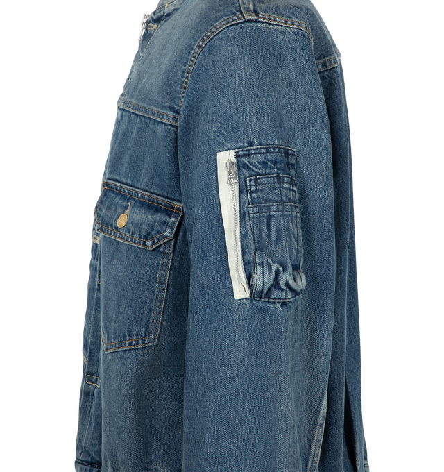 Image 4 of 4 - BLUE - Sacai X Levi's Men's Blouson Denim Jacket is crafted from a medium-dark wash cotton denim featuring a deconstructed denim design with a central zipper and utility pocket details on the sleeve. Main Material: 100% Cotton. Made in Japan.