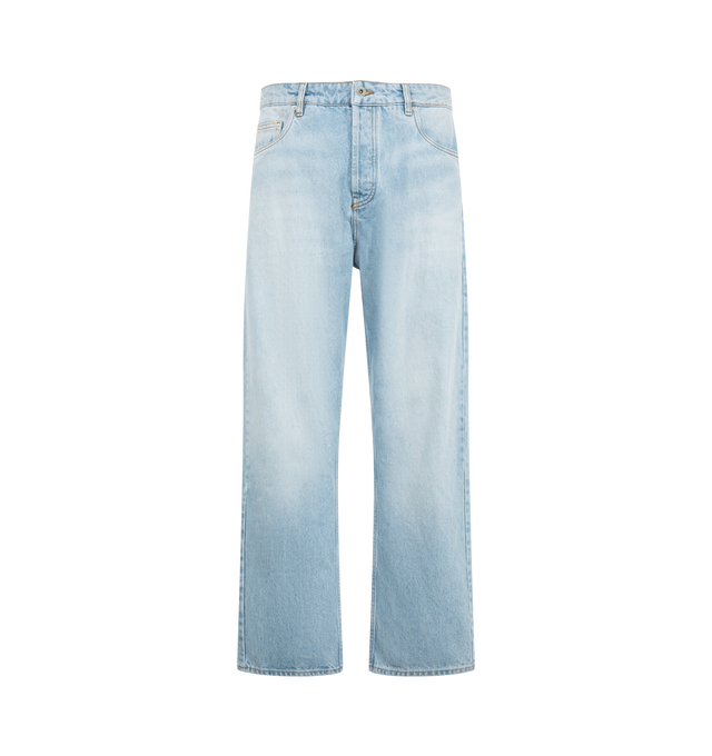 Image 1 of 3 - BLUE - Studio Nicholson Men's Riso Straight Leg Denim Pant is crafted from 14 oz cotton denim and features a classic five-pocket construction with a straight-leg silhouette inspired by archival 1990s denim styles. Referencing the relaxed jeans worn by young Hollywood figures outside Los Angeles' Viper Room, this everyday essential is bleached and washed to create a lived-in, vintage appearance. Main Material: 100% Cotton. Fit: Straight Leg. Pockets: Five-Pocket Construction. Details: 14 oz De