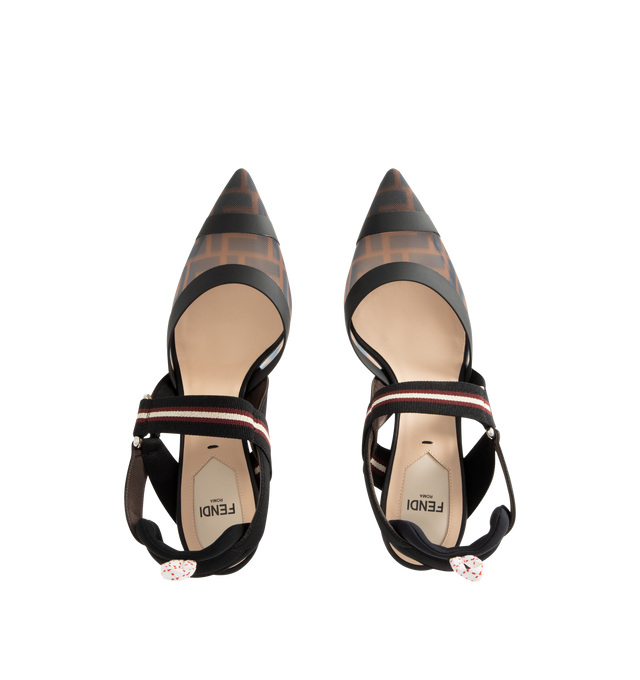 Image 4 of 4 - BLACK - FENDI Colibr Slingbacks featuring pointed toe, elastic straps around the foot, the sole is finished with rubber inserts, technical mesh and tulle with tone-on-tone heat-sealing, FF logo print creates levels of transparency on the toe and metallic-effect heel. 85mm. 100% polyamide. Made in Italy.