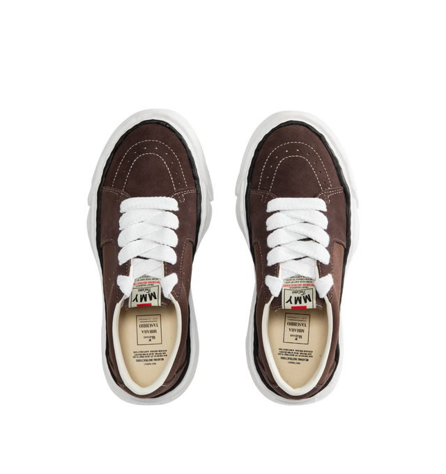 Image 5 of 5 - BROWN - Maison Mihara Yasuhiro Men's Eric Sneakers feature the brand's signature hand-sculpted OG sole, a mixed-material suede and canvas upper, and distinctive toe stitching for a bold contemporary look. Designed for the Spring/Summer 2026 collection, these designer low-top sneakers combine Maison Mihara Yasuhiro's experimental aesthetic with everyday comfort, while the handcrafted-inspired sole and intentional vintage detailing create a truly distinctive silhouette. Main Material: Cow Leath