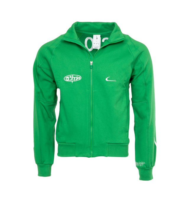 Image 1 of 5 - GREEN - NIKE X OFF WHITE Jacket featuring zip front closure, fleece lined, stand collar, long sleeves and ribbed cuffs and hem. 84% cotton, 16% polyester. 