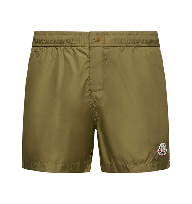 Image 1 of 3 - BROWN - MONCLER Logo Swim Shorts featuring micro mesh lining, adjustable waistband, snap button closure, side pockets, back pocket with snap button closure, stitching details and logo patch. 100% polyamide/nylon. Made in Albania.