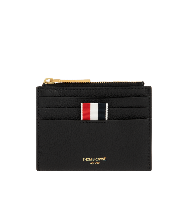 Image 1 of 3 - BLACK - Thom Browne Mens Zip Card Holder is crafted from soft pebble grain calf leather. Features a top zip closure with signature RWB pull, three card slots on each side, gold foil logo, tricolor lining, and signature striped grosgrain loop tab. Main Material: 100% Calf Full Grain Leather; Lining: 100% Polyester. Made in Italy.