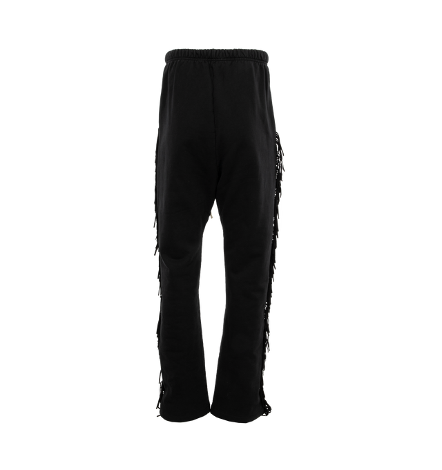 Image 2 of 4 - BLACK - FEAR OF GOD Fringe Sweatpants featuring cotton fleece, fringe suede trim throughout, drawstring at elasticized waistband, two-pocket styling and rubberized logo patch at front. 100% cotton. Trim: 100% leather. Made in United States. 