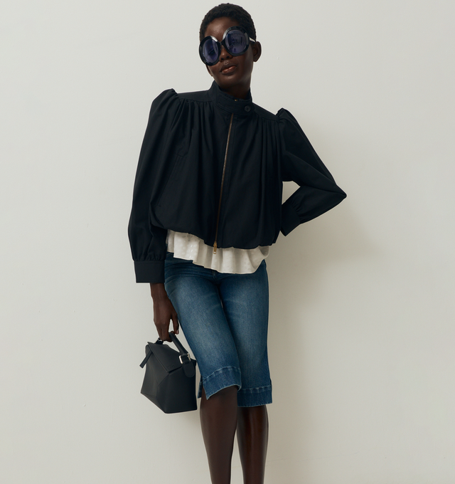 Image 2 of 4 - BLACK - CHLOE Gathered Boule Jacket in cotton canvas featuring a high collar, front zipper, engraved horn buttons at collar & cuffs, side pockets and gathered shoulders. 100% cotton.