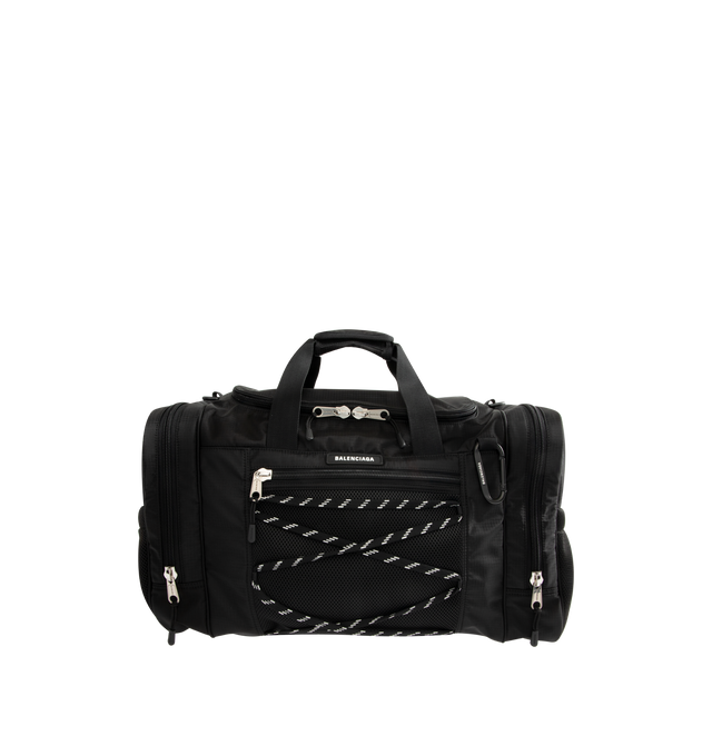 Image 1 of 3 - BLACK - BALENCIAGA Hike Gym Bag featuring flat top handles with grip strap closure, adjustable, removable shoulder strap, dual U-zip closure to main compartment, two side U-zip pockets, two side mesh pockets, front mesh zip pocket and drawstring detail on the front. 13.8"H x 10.2"W. Nylon, polyurethane and polyester. Made in Italy