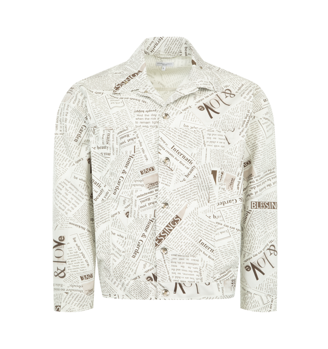Image 1 of 3 - WHITE - ENGINEERED GARMENTS Type 5 Jean Jacket featuring front button closure, chin strap button closure, two front welted pockets, adjustable button cinch on the waist, adjustable button cuffs and relaxed fit. 100% polyester. Made in USA.