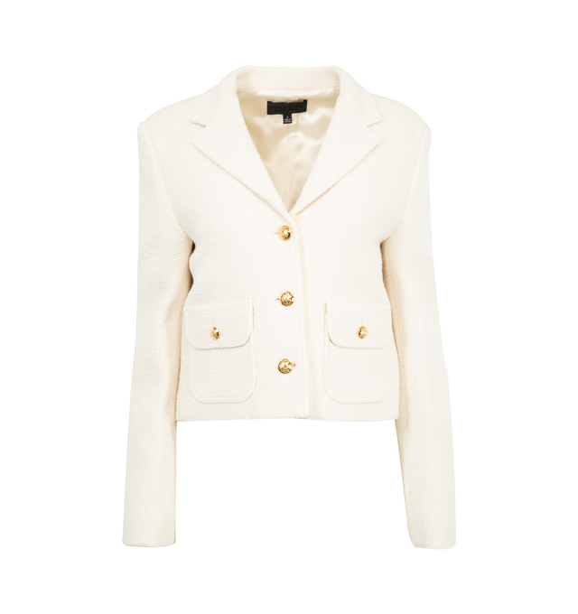 Image 1 of 2 - WHITE - NILI LOTAN Soren Jacket featuring cropped boxy fit, soft structured shoulder pads, notched lapel, flap patch pockets, signature crest buttons in gold and fully lined.
