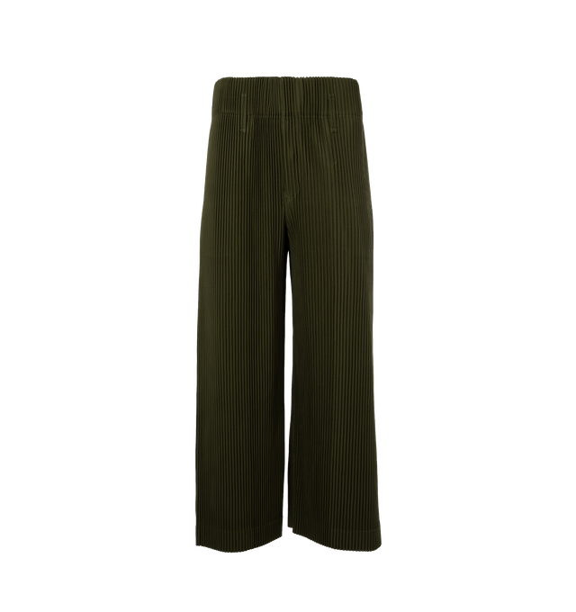 Image 1 of 4 - GREEN - ISSEY MIYAKE Pleats Bottoms 2 featuring concealed drawstring at waistband, two-pocket styling, button-fly, pinched seams at front and back and cropped leg. 100% polyester. Made in Japan. 