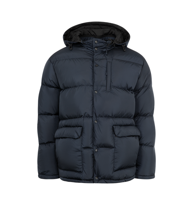 Image 1 of 5 - NAVY - ASPESI Moschino II Jacket featuring down-filled quilted nylon taffeta jacket, stowaway hood at stand collar, zip closure with press-stud placket, flap pockets, textile logo flag at hem, inset rib knit cuffs, elasticized snowskirt at interior, full satin lining and logo-engraved gunmetal-tone hardware. 80% down, 20% feathers.