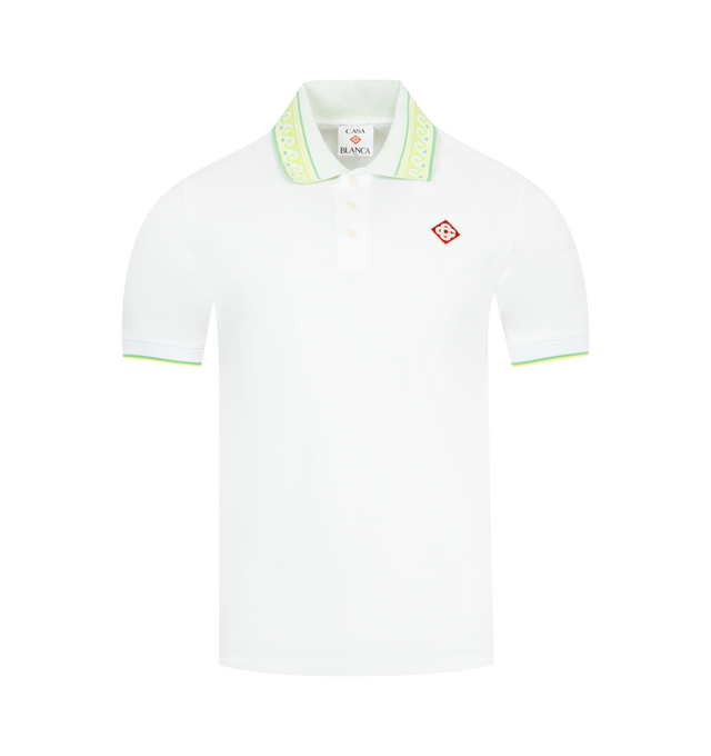 Image 1 of 2 - WHITE - CASABLANCA Laurel Pique Short Sleeve Polo Shirt featuring CC logo patch, Laurel detail knitted collar, a three-button placket closure, and interlocking CC logo corozo buttons. 100% organic cotton. Made in Portugal.