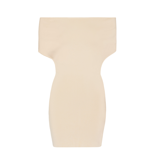 Image 1 of 2 - NEUTRAL - JACQUEMUS Off-the-shoulder Mini Dress featuring fitted mini shape, bare shoulders, open back and adjustable lingerie strap in the back. 90% viscose, 7% polyamide, 3% elastane. Made in Bulgaria. 