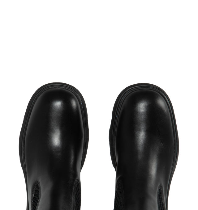 Image 4 of 4 - BLACK - BURBERRY Gabriel Leather Creeper Chelsea Boots featuring contrast topstitching, chunky heel, round toe, gored sides, front and back pull tab, logo lettering on the sole and pull-on style. 100 % leather. Made in Italy. 