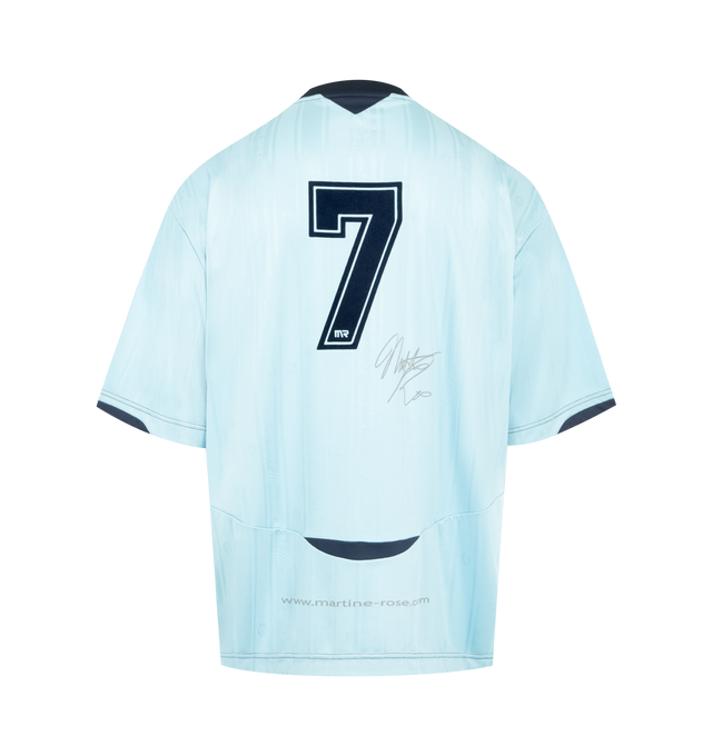 Image 2 of 2 - BLUE - MARTINE ROSE Football Jersey featuring mesh jersey, jacquard graphic and text pattern throughout, rib-knit V-neck, embroidered logo patch and printed logo at chest, text printed and bonded at front and back and flocked text at back. 100% polyester. Made in Portugal.