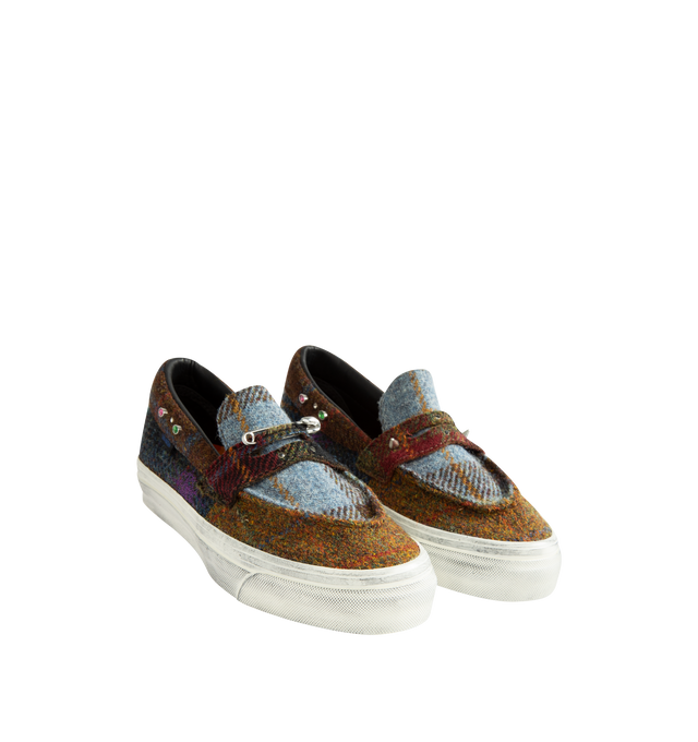 Image 2 of 5 - MULTI - Vans Unisex Premium Harris Tweed Loafer 53 Shoes are crafted from Harris Tweed woven from 100% virgin wool and feature a skate-inspired loafer silhouette, a leather upper, and removable metal charms for customizable styling. Designed with safety pin, jewel, and stud embellishments, a padded collar, and stud detailing at the tongue. Main Material: Harris Tweed 100% Virgin Wool and Leather. Outsole: Rubber. Details: Removable Metal Charms, Safety Pins, Jewel and Stud Embellishments, Stu