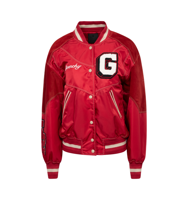 Image 1 of 2 - RED - GIVENCHY College Bi-Material Varsity Jacket featuring G patch and GIVENCHY signature embroidered on the front, small 4G emblem embossed on the left sleeve, small GIVENCHY signature embossed and 52 patch embroidered on the right sleeve, GIVENCHY patch embroidered on the back, ribbed elastic knit collar, cuffs and hem with contrasting stripes, snap closure and two side pockets with contrasted piping. 50% polyamide, 50% lambskin leather. Made in Romania. 