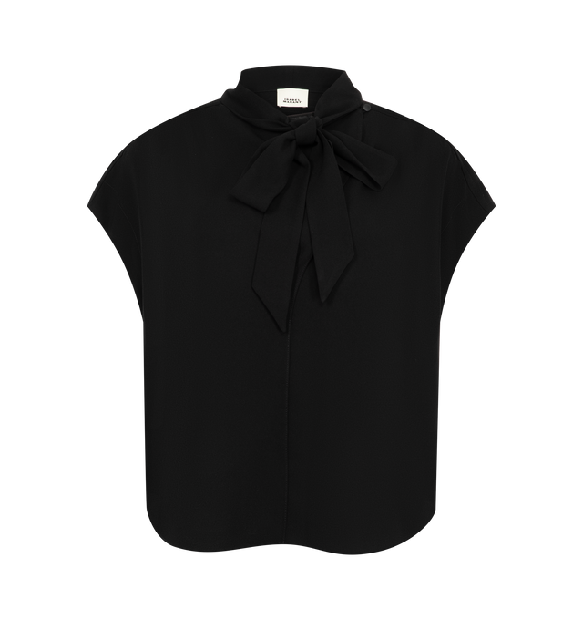 Image 1 of 2 - BLACK - Isabel Marant Womens Selene-GB Top is crafted from a textured acetate blend. Features a relaxed silhouette with a stand collar, self-tie neck bow, concealed button-front closure, cap sleeves, and a curved hem. Main Material: 60% Acetate, 40% Polyester. Made in Romania.
