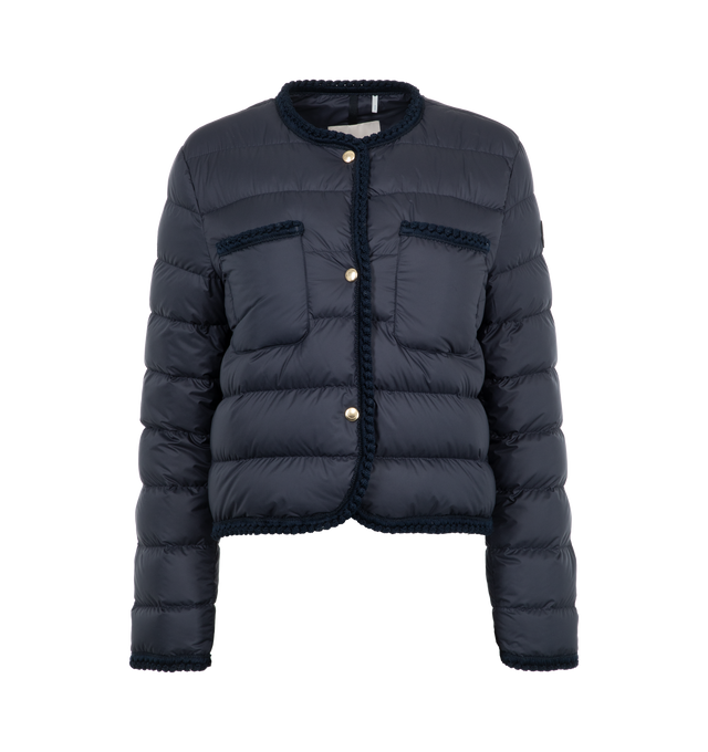 Image 1 of 3 - NAVY - Moncler Gencay Down Jacket has a jewel neck, a front snap closure, chest patch pockets, braided trim, and channel quilting. Lined. 90% down, 10% feather fill. 100% polyester exterior. Made in Romania.