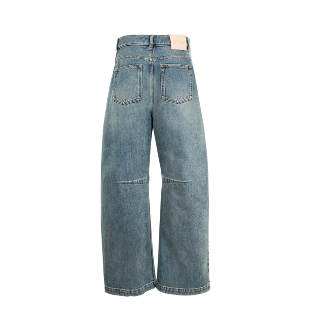 Image 2 of 3 - BLUE - Loewe Women's Anagram barrel jeans in medium-weight washed cotton denim featuring a balloon silhouette with darts at the knees and a bleached Anagram placed at the hip. Regular fit, regular length, mid waist, loose leg with concealed zip fastening, five pocket style and LOEWE embossed suede patch placed at the back. Cotton. Made in Italy.