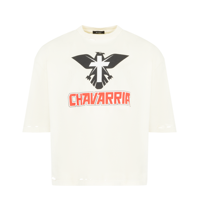 Image 1 of 2 - WHITE - WILLY CHAVARRIA Tecate Buffalo Tee featuring front graphic logo detail, intentionally distressed trim, midweight jersey fabric, short sleeves and crew neck. 100% cotton. Made in USA.