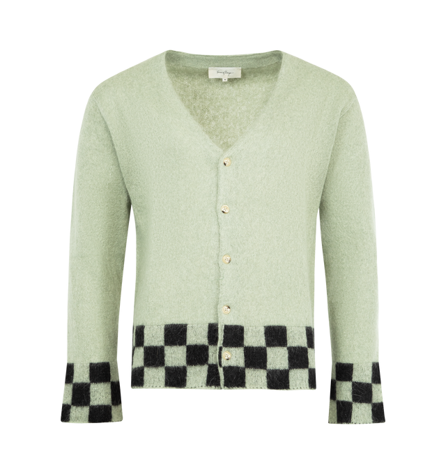 Image 1 of 2 - GREEN - SECOND LAYER Chevy Cardigan featuring kid mohair-blend cardigan, Y-neck, button closure and jacquard check pattern at rib-knit hem and cuffs. 67% super kid mohair, 28% nylon, 5% wool. Made in Italy.
