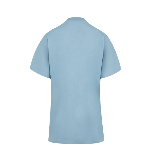 Image 2 of 3 - BLUE - MONCLER Logo Shirt featuring cotton jersey, ribbed crew neck, short sleeves and logo on front. 100% cotton.