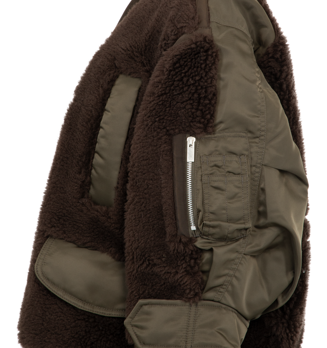 Image 3 of 3 - BROWN - SACAI Faux Shearing x Nylon Twill Blouson featuring paneled construction, covered zip closure, 4 front pockets and one zip pocket on sleeve.