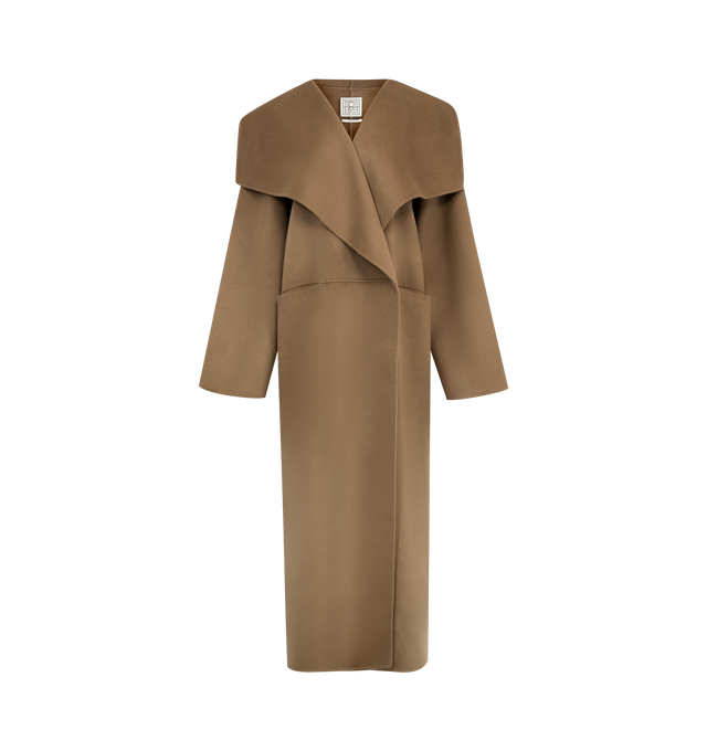 Image 1 of 3 - BROWN - TOTEME Signature Wool Cashmere Coat featuring oversized fit, crafted from soft doubl, fluid shawl lapels, an open front, inseam pockets and side slits. 90% wool, 10% cashmere.