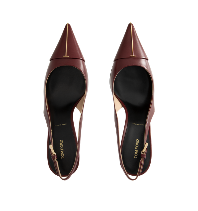 Image 4 of 4 - RED - Tom Ford Womens Thea Slingback Pumps are crafted from shiny goatskin leather. Feature an elongated pointed toe with signature pale gold-tone T metal detail, adjustable slingback strap, stiletto heel, and leather sole. Heel Height: 10.5 cm. Main Material: 100% Goatskin Leather; Sole: Leather. Made in Italy.