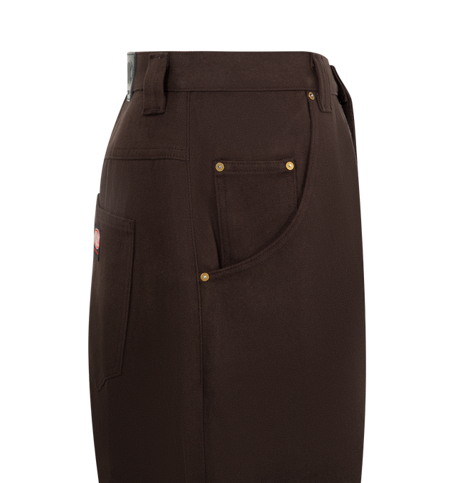 Image 3 of 3 - BROWN - WILLY CHAVARRIA Bad Boy Jean featuring a high-rise fit, tapered leg, leather WILLY patch, a gold button fly closure, W belt loops, and a signature key loop. 100% cotton denim. Made in the USA.