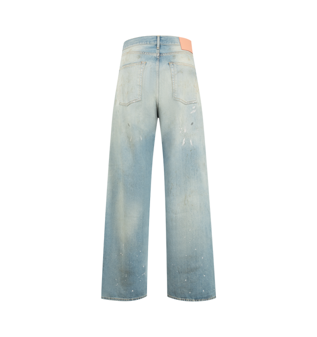 Image 2 of 3 - BLUE - Acne Studios men's 1981 Pale Blue Vintage Jeans are crafted from non-stretch slubby denim and feature a loose-fit silhouette with a low-to-mid rise and wide baggy leg. Finished with a light wash for an authentic worn-in look, these jeans are designed with a long length, classic five-pocket construction, and a button fly closure. Made from organically grown cotton. Main Material: 100% Cotton. Patch: 100% Cow Leather.
