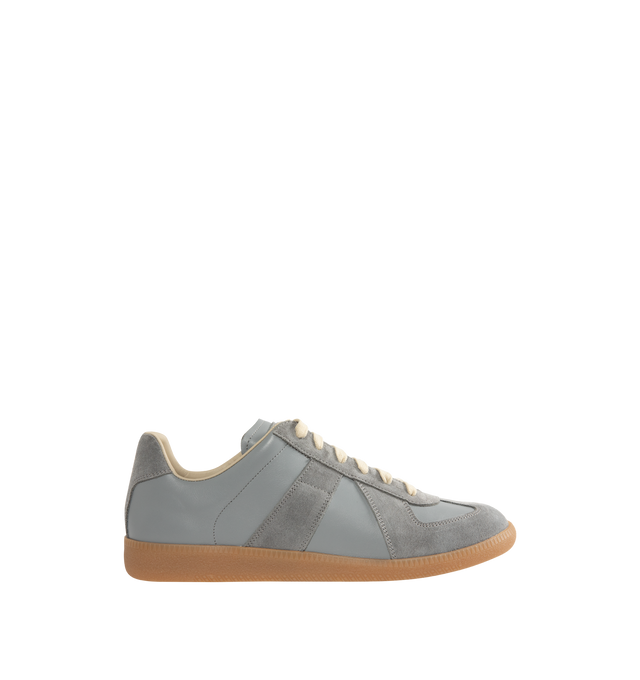 Image 1 of 5 - BLUE - MAISON MARGIELA Replica Sneakers featuring lace-up sneakers in buffed nappa calfskin and calfskin suede, contrasting sole, Maison Margiela logo label on the tab, internal Replica label, internal elastic and all-over Maison Margiela logo insole. 100% calf leather. Sole: 100% rubber. Made in Italy.