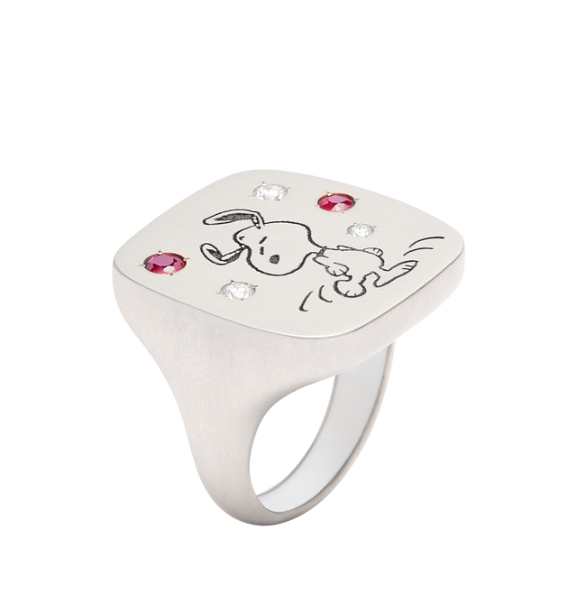 Image 3 of 4 - SILVER - LIZWORKS X PEANUTS Jazz Snoopy White Gold Square Face Ring featuring 18k white gold ring with 3 white diamonds, 2 rubies and white enamel. 22 mm x 23 mm. Hirshleifers offers a range of initial pieces from this collection in-store. For personal consultation and detailed information about jewelry, please contact our dedicated stylist team at personalshopping@hirshleifers.com. This item may be restricted for online purchase to international clients. For assistance purchasing this item p