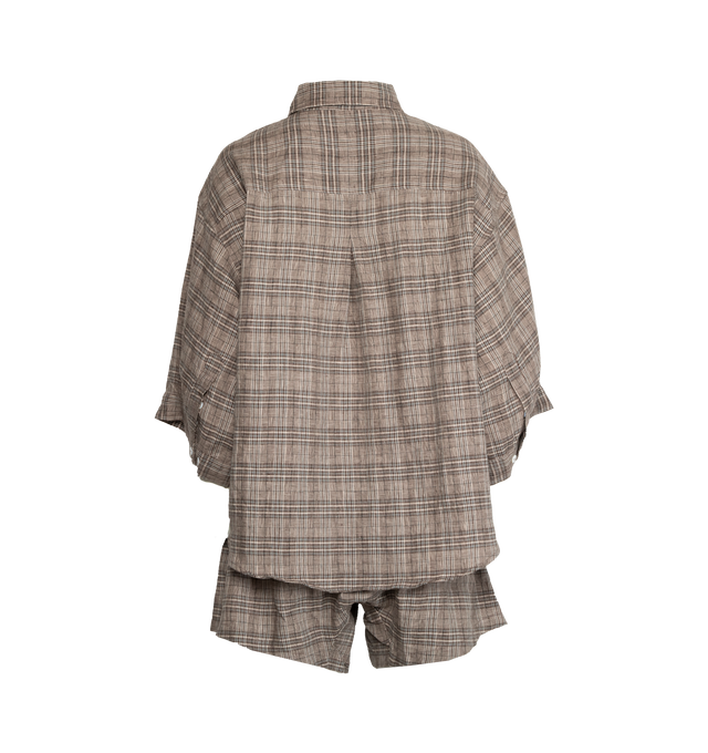 Image 2 of 4 - BROWN - DEIJI STUDIOS 03 Set features an oversized box fit linen shirt with wide arms and a front pocket. Shorts featuring mid rise, the loose fitting boxer style, faux button down fly and an elastic waist. 100% OEKO-TEX 100 certified and EU certified stone washed french linen. 