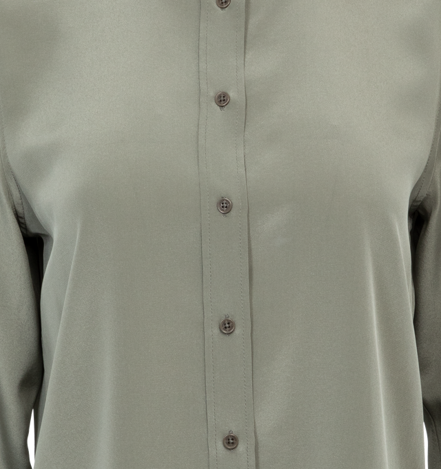 Image 3 of 3 - GREEN - NILI LOTAN Gaia Slim Fit Shirt featuring long-sleeves, button-front, sheer, spread collar, straight front hem, shaped back shirttail hem, tonal buttons at placket and cuffs. 100% silk. Made in USA. 