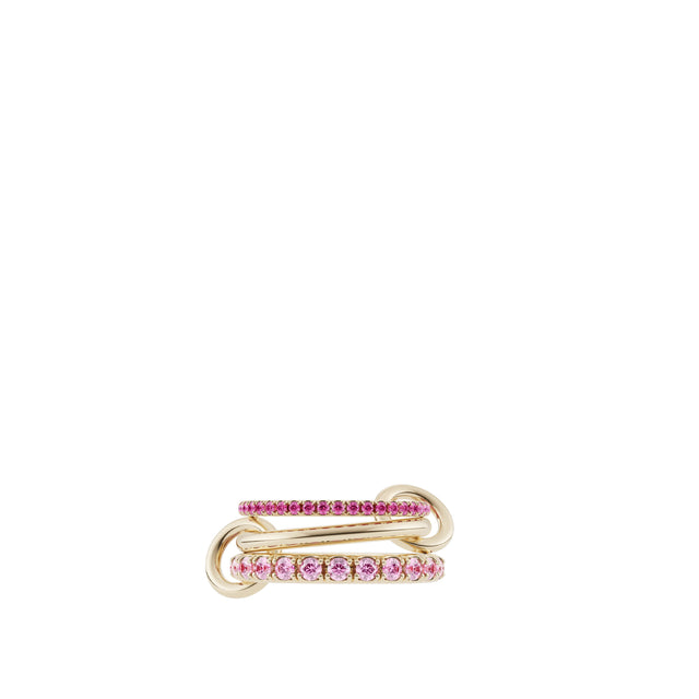 Image 1 of 1 - GOLD - SPINELLI KILCOLLIN Norah Rose Ring featuring two, luminous bands of 18k yellow gold, pav-set with dark and light pink sapphires that frame a central band of solid 18k yellow gold. Matching 18k yellow gold connectors link each band together. Bands: 1.7mm gauge 18k yellow gold band, 2.3mm gauge 18k yellow gold band, 2.8mm gauge 18k yellow gold band. Stones: Dark and light pink sapphires (approx. 1.65 cttw). Connectors: 18k yellow gold.