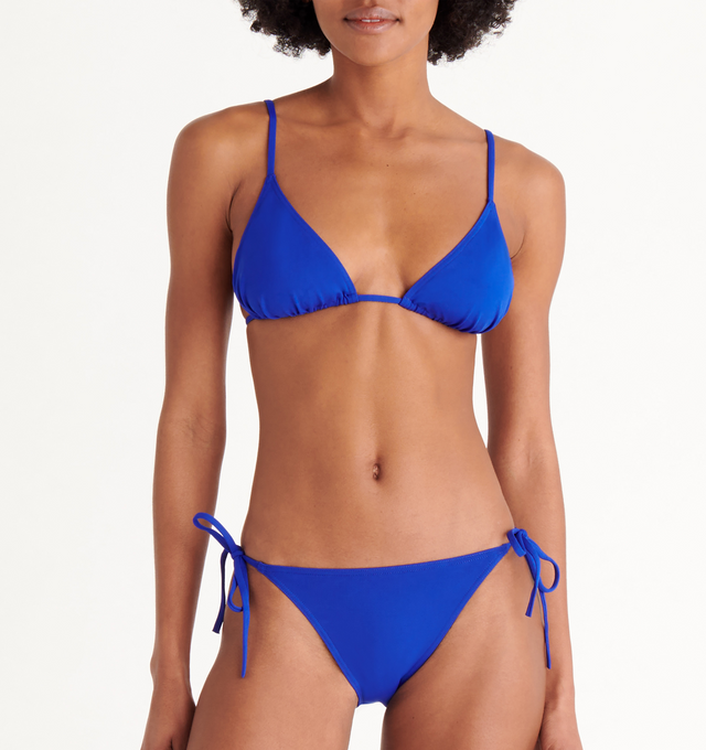 Image 4 of 6 - BLUE - ERES Mouna Sliding Triangle Bikini Top featuring spaghetti straps. 84% Polyamid, 16% Spandex. Made in France. 