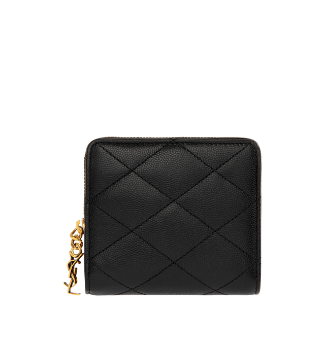 Image 1 of 3 - BLACK - SAINT LAURENT Bijou Compact Wallet in grain de poudre leather featuring zip around closure with CASSANDRE jewelry zip pull, diamond-quilted topstitching, gold-tone hardware, six card slots, one bill compartment and one coin compartment. 4.1" x 3.5" x 0.8". Calfskin. Made in Italy.