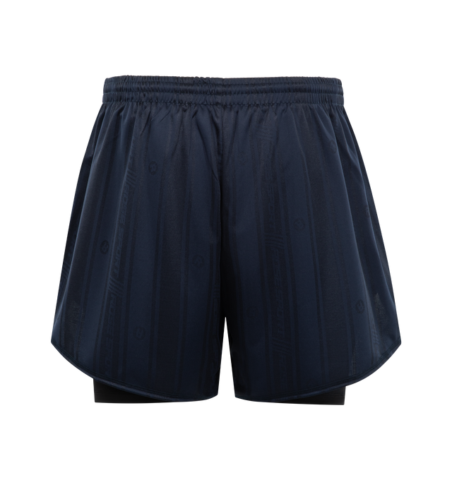 Image 2 of 3 - NAVY - MARTINE ROSE Double Football Shorts featuring regular fit, double-layer construction, striped pattern, elasticated drawstring waistband, contrast piping and printed logo. 100% polyester.