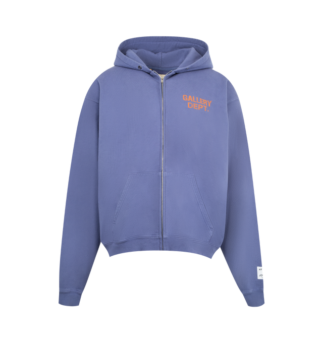 Image 1 of 3 - PURPLE - GALLERY DEPT. 90's Full Zip Hoodie featuring concealed zip fastening at front, relaxed fit, hood, long sleeves, brand patch at sleeve, brand print, kangaroo pocket at front and ribbed trims. 100% cotton. Made in USA.