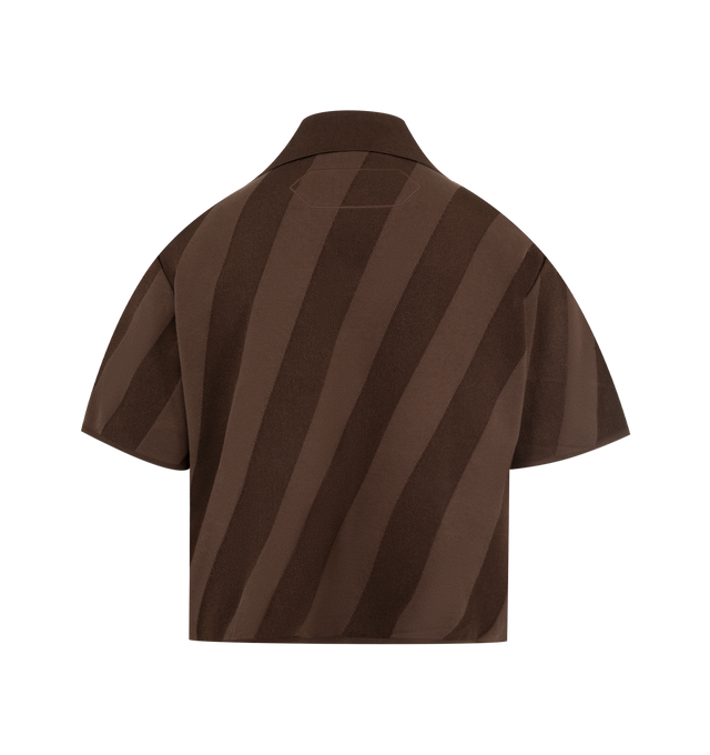 Image 2 of 2 - BROWN - JACQUEMUS The Berlingot Knit Polo featuring rib-knit viscose and cotton blend polo, Jacquard stripes throughout, spread collar, button hardware at open placket and dropped shoulders. 50% viscose, 43% cotton, 7% polyester. Made in Portugal.