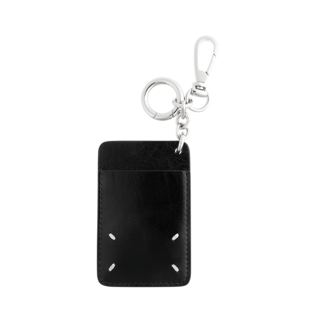 Image 1 of 2 - BLACK - MAISON MARGIELA Cardholder Keychain featuring a compact cardholder keychain in wrinkled glossy leather with a central slot, metal ring and detailed with the Maisons signature four stitches. 100% calf leather. Made in Italy.