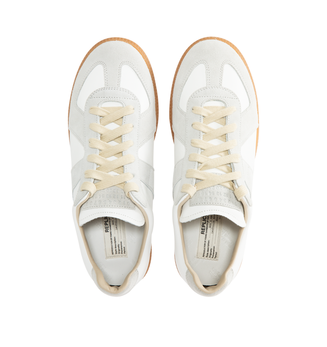Image 5 of 5 - WHITE - MAISON MARGIELA Replica Sneakers featuring lace-up sneakers in buffed nappa calfskin and calfskin suede, contrasting sole, Maison Margiela logo label on the tab, internal Replica label, internal elastic and all-over Maison Margiela logo insole. 100% calf leather. Sole: 100% rubber. Made in Italy.