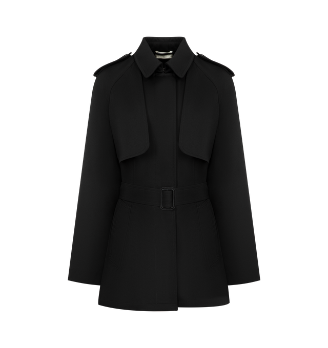 Image 1 of 3 - BLACK - THE ROW Usuaia Jacket featuring single-breasted trench coat in double-faced wool and cashmere gabardine with detachable sleeves, slant welt pockets and concealed button closure with removable buckle belt. 100% virgin wool. Made in Italy.