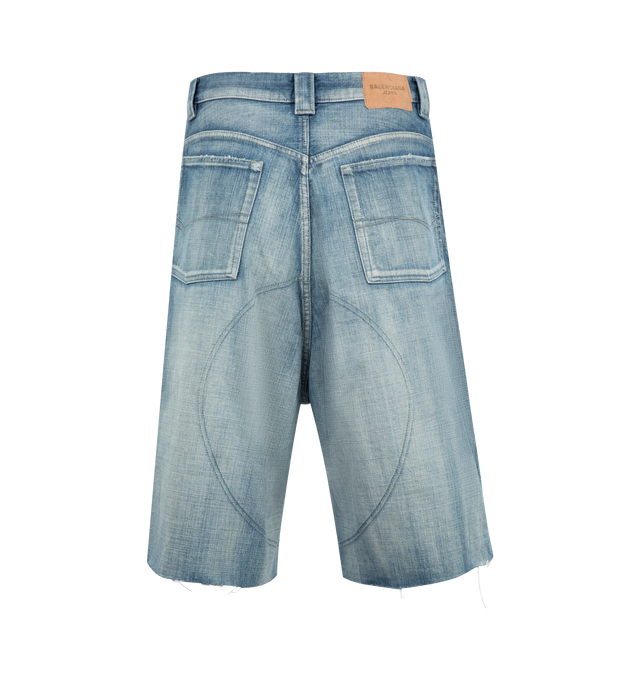 Image 2 of 3 - BLUE - BALENCIAGA Knee Dart Shorts featuring cotton denim, mid-waist, covered button fly, 5 belt loops, 5 pockets, Balenciaga engraved flex buttons, Balenciaga Jeans jacron at back, Raw-cut hem and seams and knee darts. 100% cotton. Made in Italy.